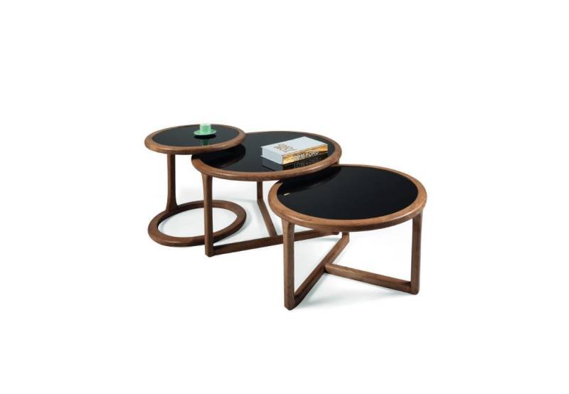 Designer Couchtisch Set 3tlg. Wohnzimmer holz Moderne braun Glastisch Rund Luxus von JV Möbel