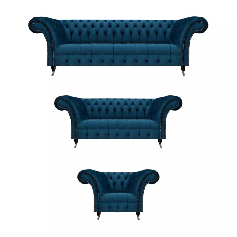Designer Dunkelblaue Chesterfield Couchen Edler Sessel Polstermöbel 3tlg von JV Moebel