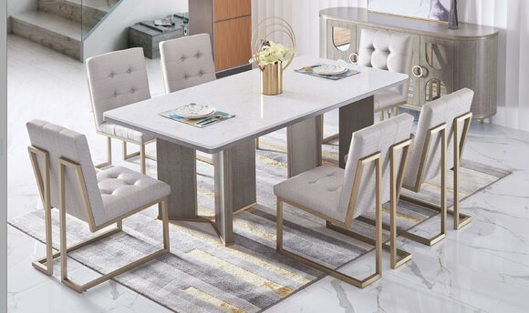 Designer Ess Zimmer Stuhl Set Metall Textil Sessel 6x Lounge Stühle Designer Ess Zimmer Stuhl Set Metall Textil Sessel 6x Lounge Stühle von JV Möbel