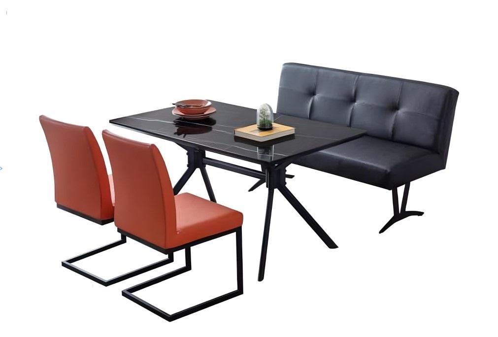 Designer Esszimmer Set 2x Braune Polsterstühle Schwarzer Esstisch Bank Designer Esszimmer Set 2x Braune Polsterstühle Schwarzer Esstisch Bank von JV Möbel