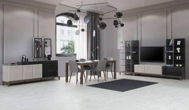 Designer Esszimmer Set Holztisch 4x Polsterstühle Designer TV Anrichte Designer Esszimmer Set Holztisch 4x Polsterstühle Designer TV Anrichte von JV Möbel