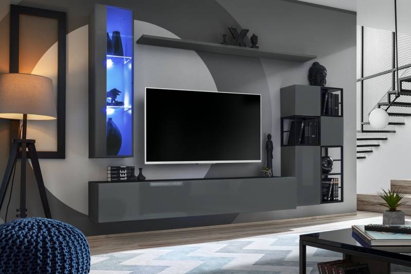 Designer Grau Wohnwand Hänge VitrineTV Ständer Komplett Hochglanz Sideboard von JV Möbel