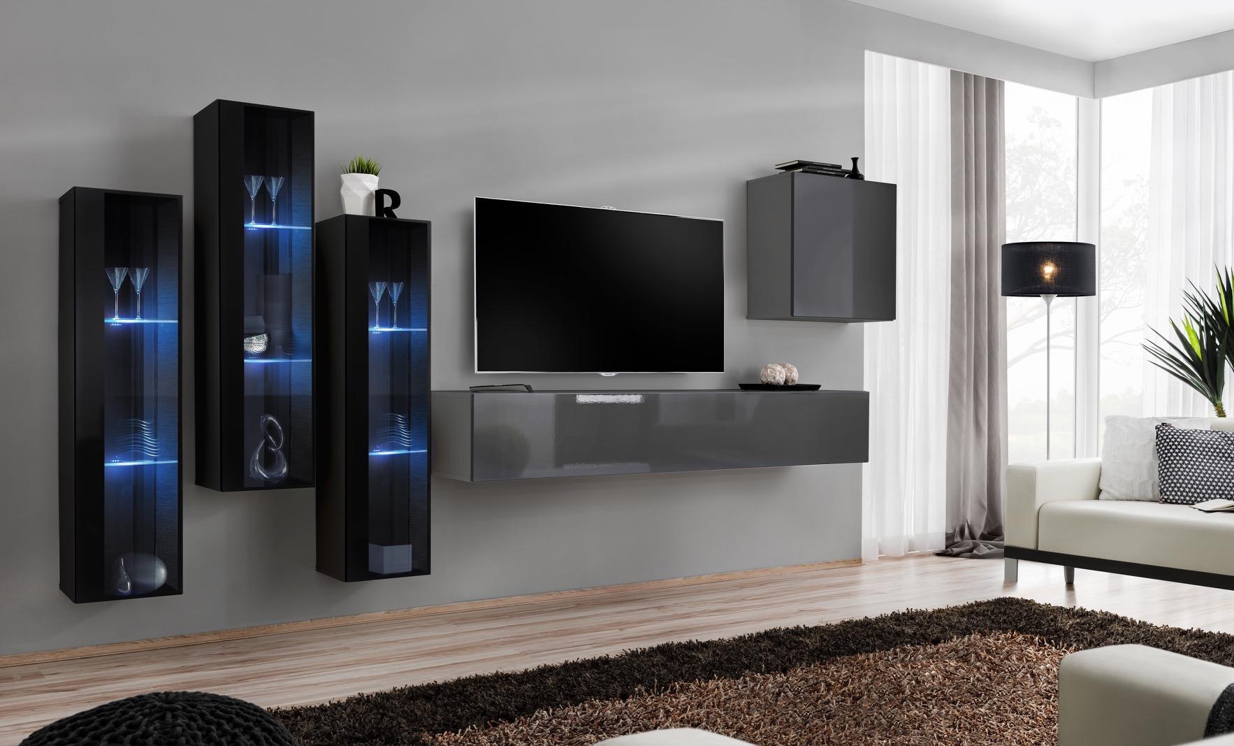 Designer Grau Wohnwand TV Ständer Komplett Hochglanz Sideboard Wand Schrank Designer Grau Wohnwand TV Ständer Komplett Hochglanz Sideboard Wand Schrank von JV Möbel
