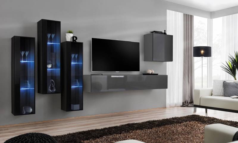 Designer Grau Wohnwand TV Ständer Komplett Hochglanz Sideboard Wand Schrank von JV Möbel
