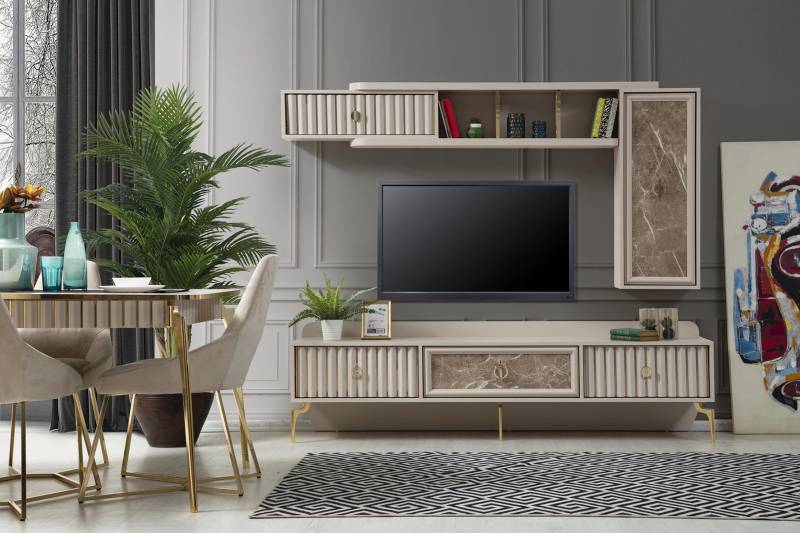 Designer Moderne Wohnwand Luxus Holz Regale Wohnzimmer Möbel Stilvoll von JV Möbel