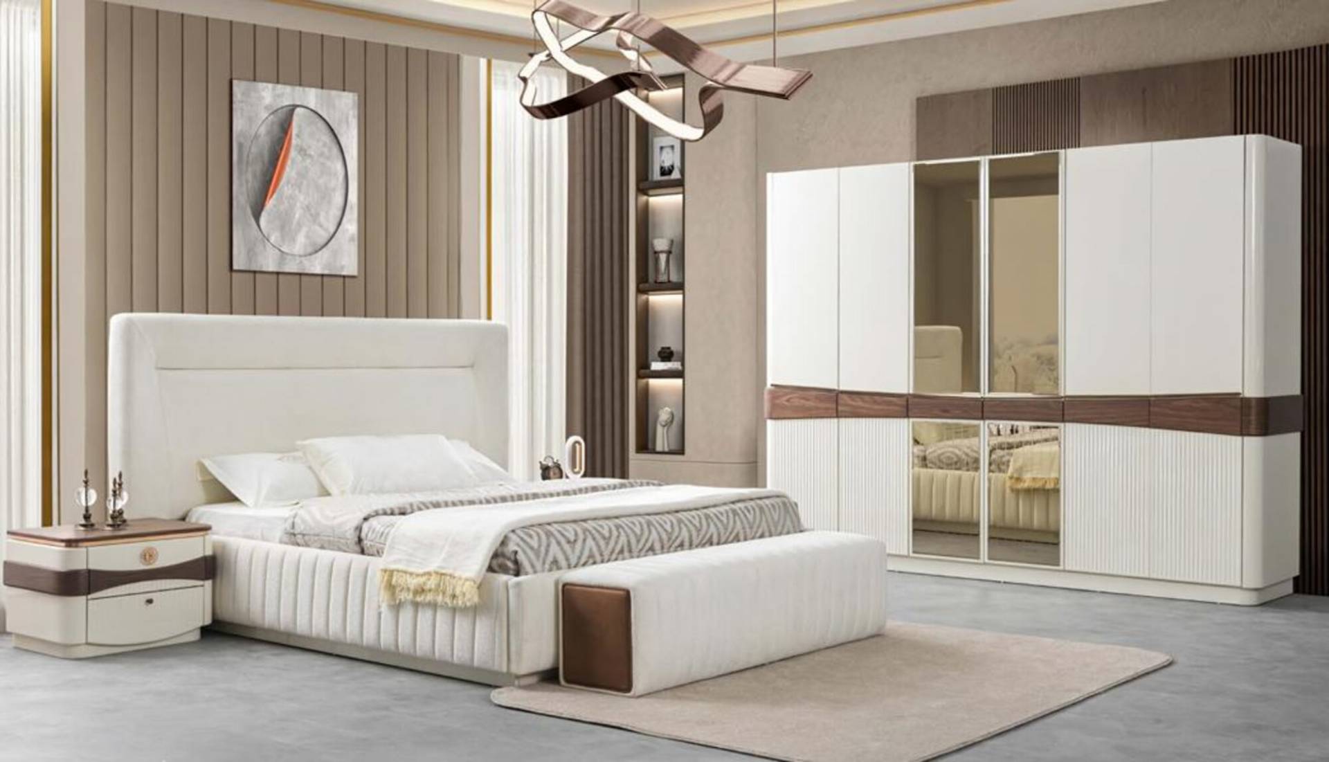 Designer Schlafzimmer Set Bett 2x Nachttische Sitzbank Kleiderschrank Set von JV Möbel