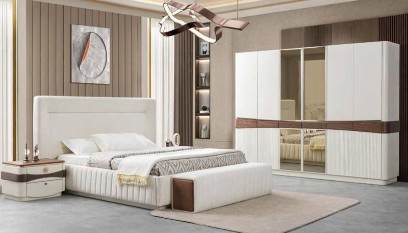 Designer Schlafzimmer Set Bett 2x Nachttische Sitzbank Kleiderschrank Set von JV Möbel