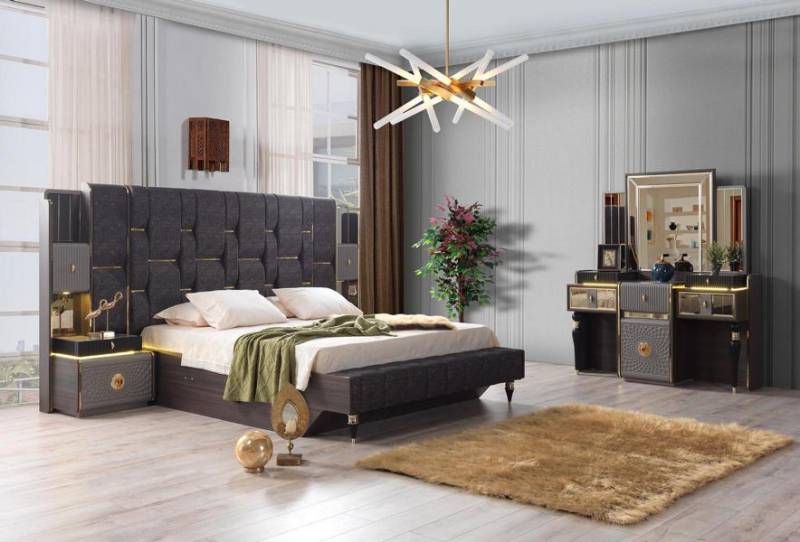 Designer Schlafzimmer Set Braun Bett 2x Nachttische Kommode Hochwertig Möbel von JV Möbel