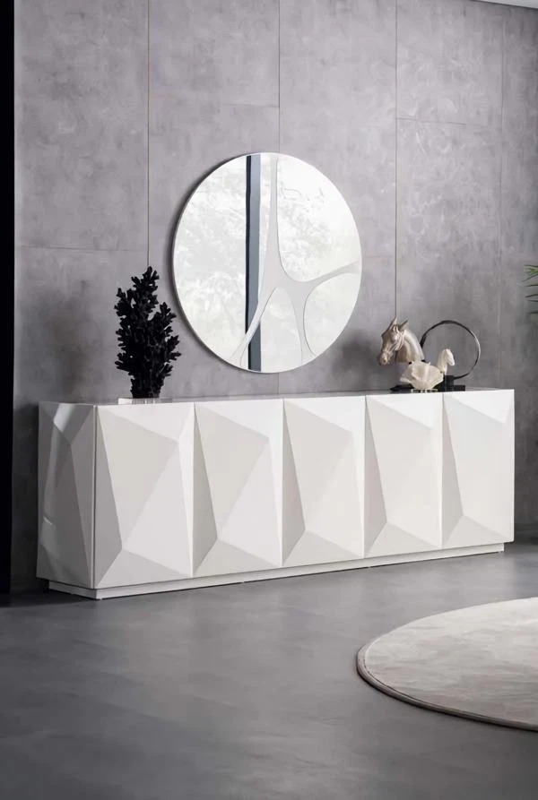 Designer Sideboard mit Spiegel Anrichte Hochglanz Weiß Marmoroptik Holz von JV Möbel