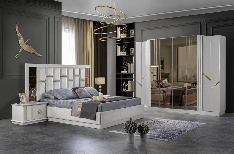 Designer Weiß Schlafzimmer Set Bett 2x Nachttische Kleiderschrank Luxuriös Designer Weiß Schlafzimmer Set Bett 2x Nachttische Kleiderschrank Luxuriös von JV Möbel