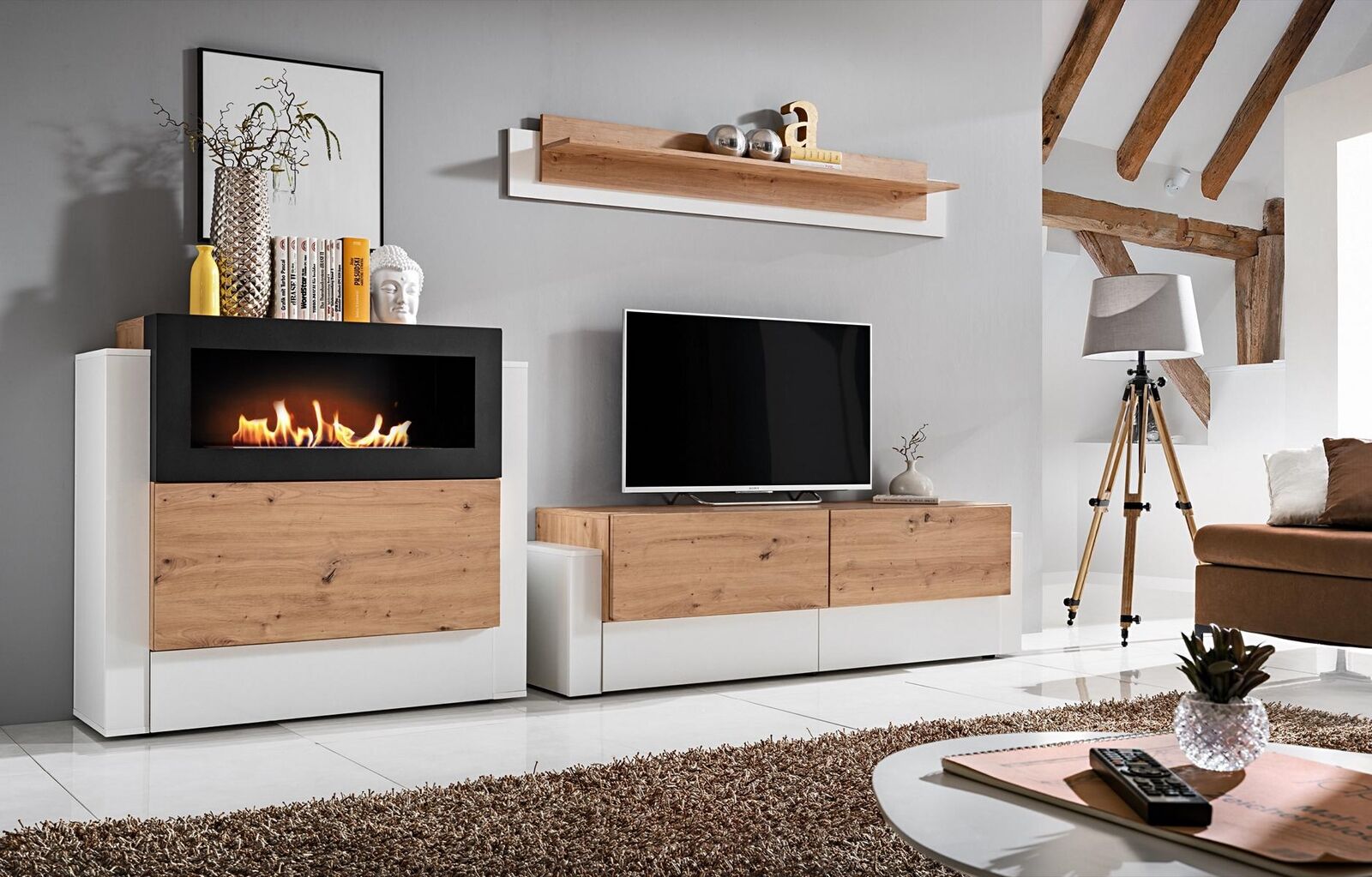 Designer Weiß Wohnwand Luxus Kommode mit Kamin Einrichtung Wohnzimmermöbel Designer Weiß Wohnwand Luxus Kommode mit Kamin Einrichtung Wohnzimmermöbel von JV Möbel