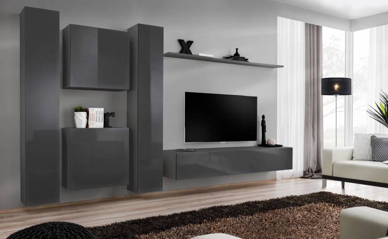 Designer Wohnwand Grau Luxus Wohnzimmermöbel Komplette Sideboard Möbel von JV Möbel