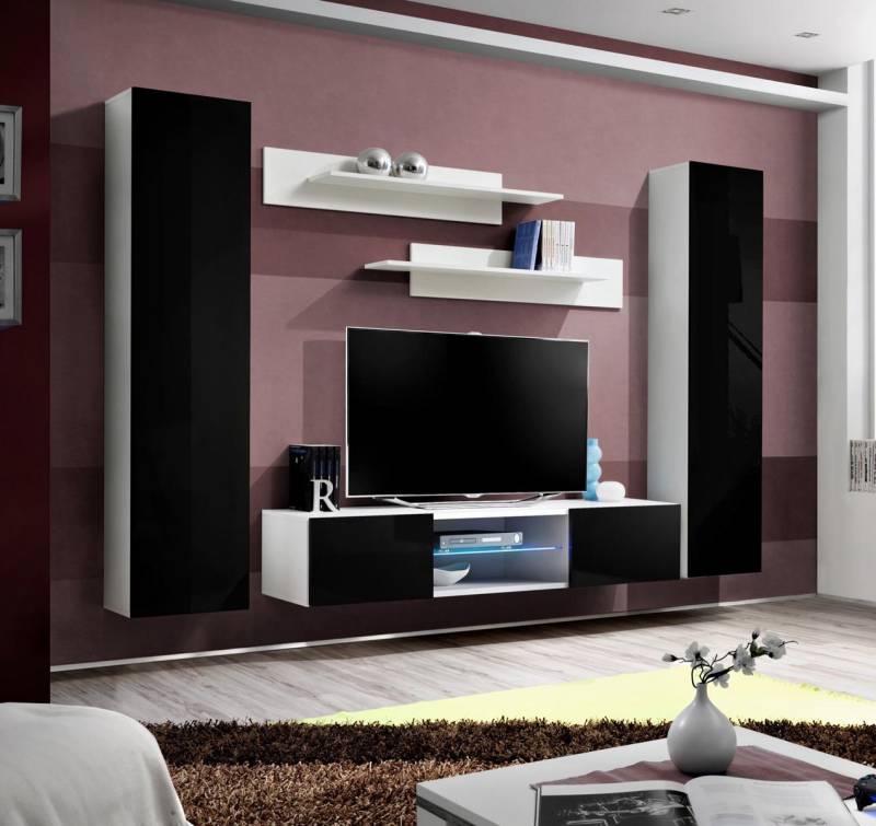 Designer Wohnzimmer Luxus Wohnwand Hänge Sideboard mit Kamin Modern Design von JV Möbel