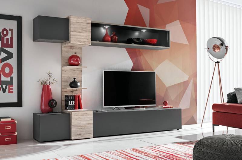 Designer Wohnzimmer Modern Set Wohnwand Wand Regale Grau TV-Ständer von JV Möbel