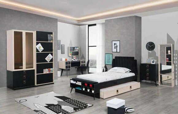 Designer Zimmer Jugend Kinder Schlafzimmer Tisch Bett Kommode Schrank Set 5tlg von JV Möbel