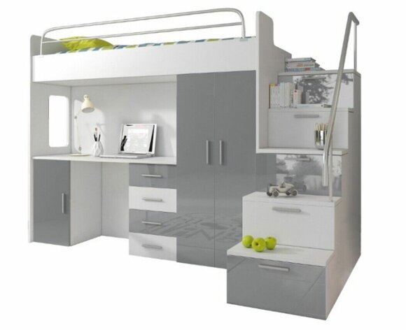 Doppelstockbett Grau Tisch Schrank Multifunktion Etagen Hochbett Kinderzimmer von JV Möbel