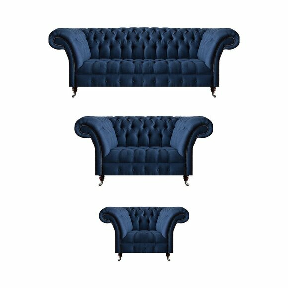 Dunkelblaue Chesterfield Polstergarnitur Wohnzimmer Dreisitzer 2-Sitzer von JV Moebel