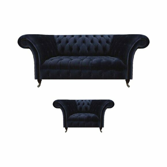 Dunkelblaue Chesterfield Wohnzimmer Garnitur Lehnsessel 3-Sitzer 2tlg von JV Moebel
