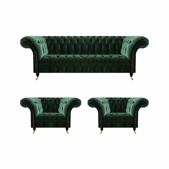 Dunkelgrüne Chesterfield Sessel Wohnzimmer Dreisitzer Luxus Couch 3tlg von JV Moebel