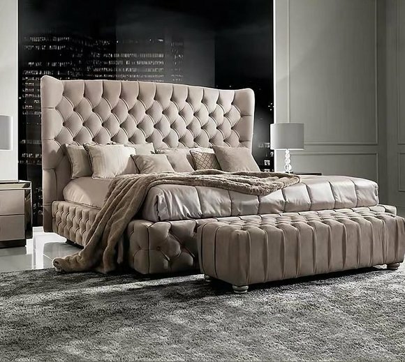Echtes Chesterfield Bett Doppel Hotel Betten Textil Polster 160x200cm Stoff von JV Möbel