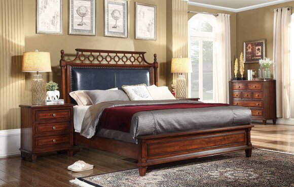 Echtholz Bett Leder 3tlg. Set Kommode Schlafzimmer Gründerzeit Garnitur Gruppe von JV Möbel