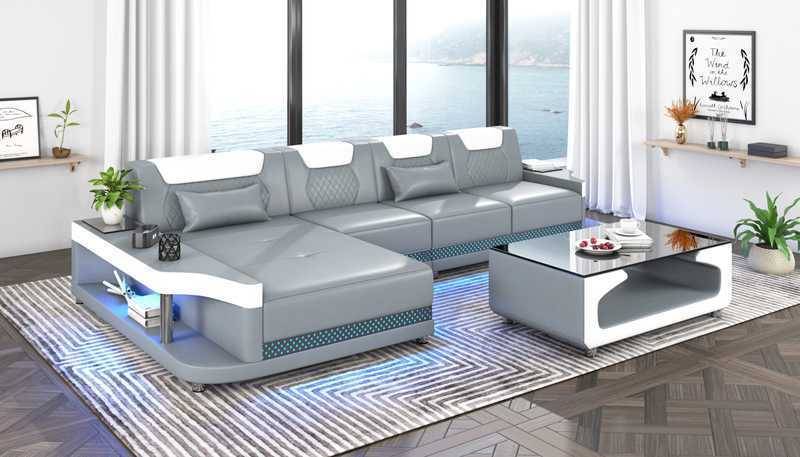 Eckgarnitur Ecksofa L Form Ledersofa Couch Sofa Grau Luxus Moderne Couchen von JV Möbel