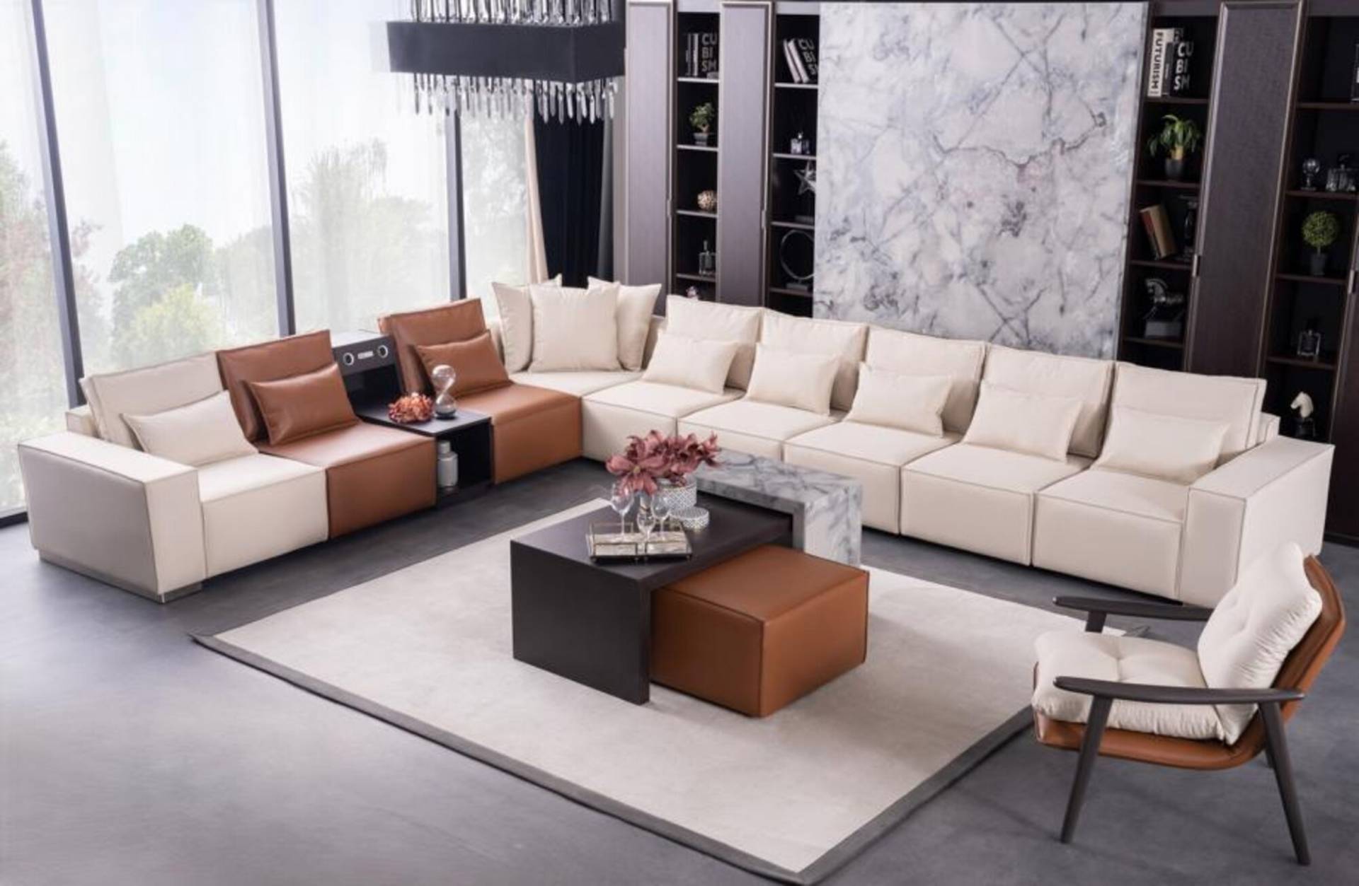Ecksofa L-Form mit Soundsystem Couchtisch Pouf Sessel Couch Stoff Leder von JV Möbel