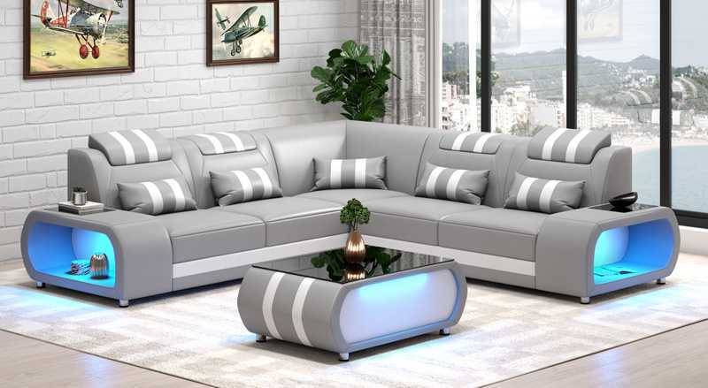Ecksofa Ledersofa L Form Couch Sofa Grau Luxus Moderne Eckgarnitur LED von JV Möbel