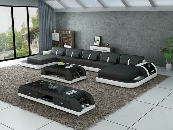 Ecksofa Ledersofa mit usb Big U Form Wohnlandschaft Sofa Couch Garnitur led neu von JV Möbel