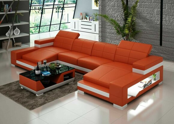 Ecksofa Sofa Wohnlandschaft U Form Polster Couch Ledersofa Orange von JV Möbel