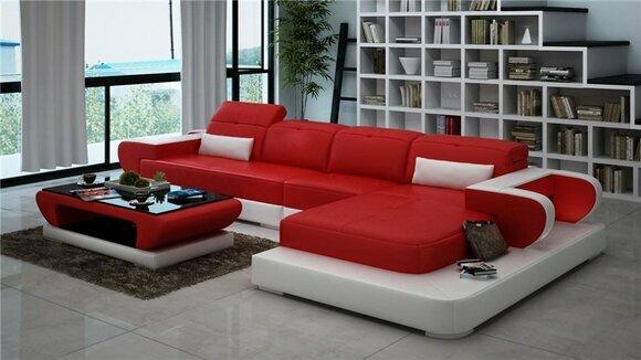 Ecksofa Sofagarnitur Leder Sofa Ecke Polster Hocker Set Rote Designer Couch Neu von JV Moebel