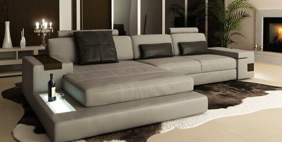 Ecksofa Stoff USB Polster Wohnlandschaft Eck Garnitur Ecke Leder Sofa Grau LForm von JV Möbel