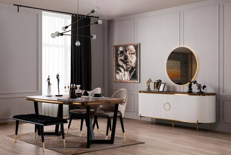 Elegant Essgruppe Braun Esstisch mit 2x Stühle Kommode mit Spiegel Hocker Elegant Essgruppe Braun Esstisch mit 2x Stühle Kommode mit Spiegel Hocker von JV Möbel