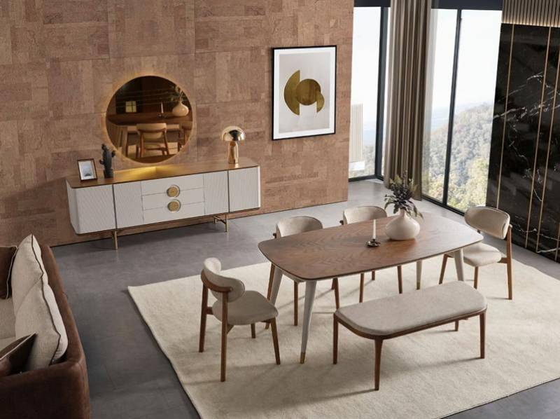 Elegant Esszimmer Set Modern Beige Esstisch 4x Stühle Hocker Kommode mit Spiegel Elegant Esszimmer Set Modern Beige Esstisch 4x Stühle Hocker Kommode mit Spiegel von JV Möbel