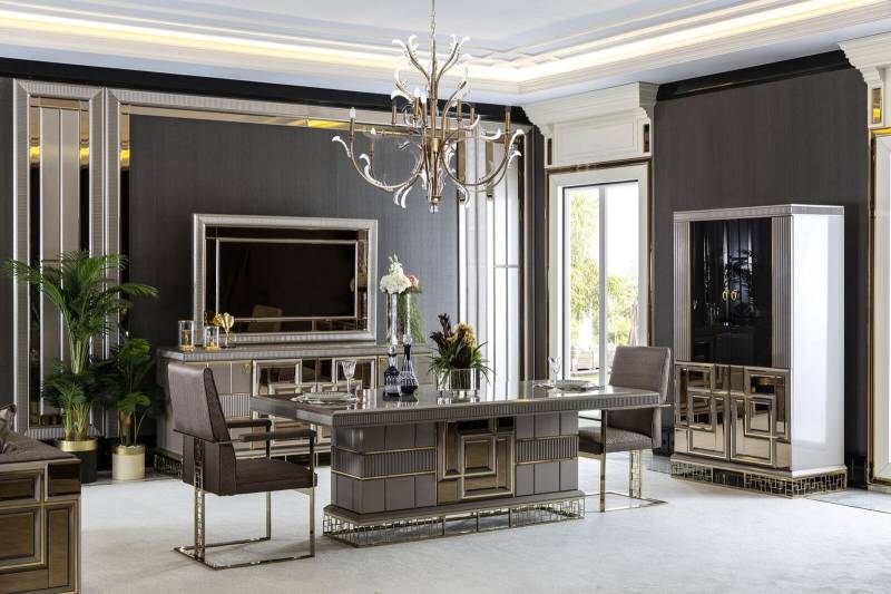 Elegantes Esszimmer Set Grau Esstisch 4x Stühle Anrichte Spiegel 8tlg. Elegantes Esszimmer Set Grau Esstisch 4x Stühle Anrichte Spiegel 8tlg. von JV Möbel