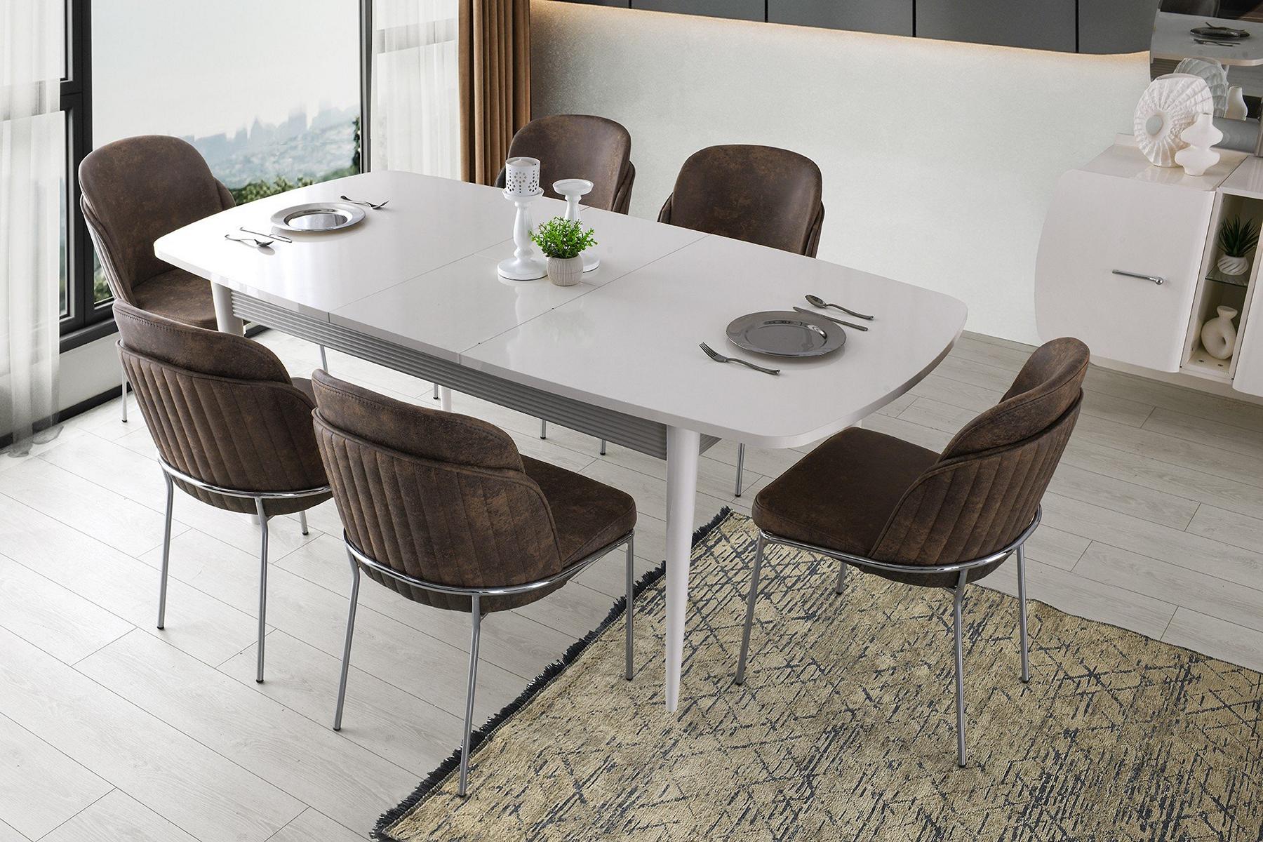 Essgruppe Esszimmer Esstisch Stühle Essecke Weiß Holz 7tlg Ausziehbar Essgruppe Esszimmer Esstisch Stühle Essecke Weiß Holz 7tlg Ausziehbar von JV Möbel