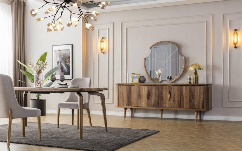 Esstisch + 6 Stühle + Sideboard + Spiegel Esszimmer Set Essgruppe Gruppentisch von JV Möbel