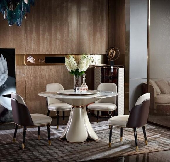 Esstisch 6x Stühle Esszimmer Leder Tisch Stuhl Rund Modern Design Möbel von JV Möbel