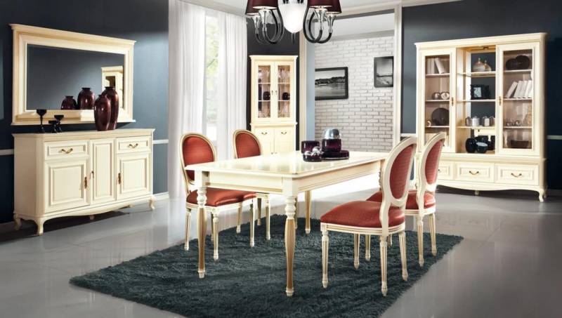 Esszimmer Esstisch Holzmöbel Anrichte mit Spiegel Weiß Eckvitrine Set 4tlg von JV Möbel