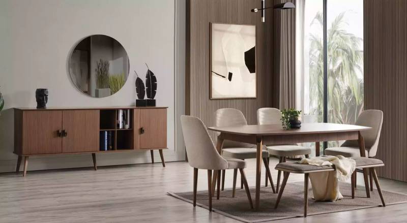 Esszimmer Holz Esstisch Garnitur Sideboard Spiegel 4x Stühle Set 8tlg. von JV Möbel