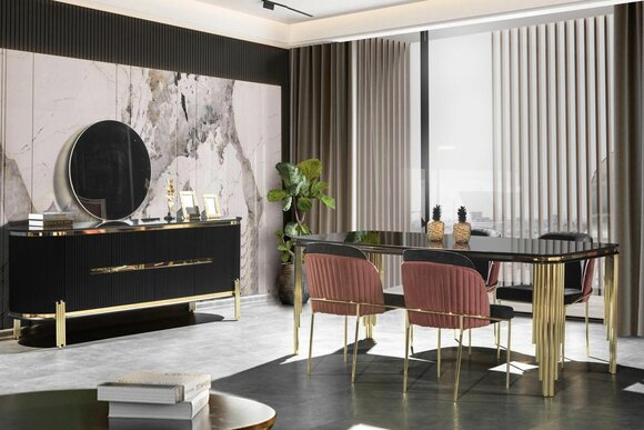 Esszimmer Schwarz Gold Essgarnitur Möbel Essecke Stühle Sideboard 6tlg von JV Möbel
