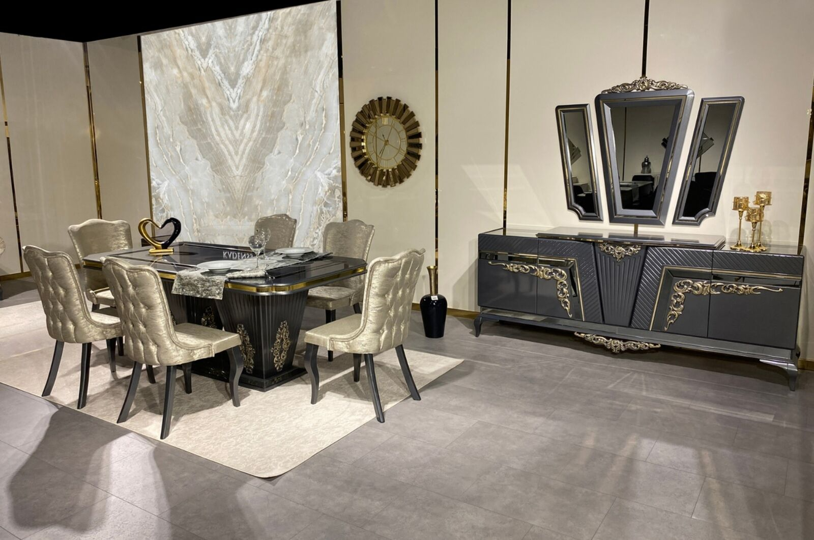 Esszimmer Set 9 tlg. Esstisch + 6x Stühle Anrichte mit Spiegel Grau neu Esszimmer Set 9 tlg. Esstisch + 6x Stühle Anrichte mit Spiegel Grau neu von JV Möbel