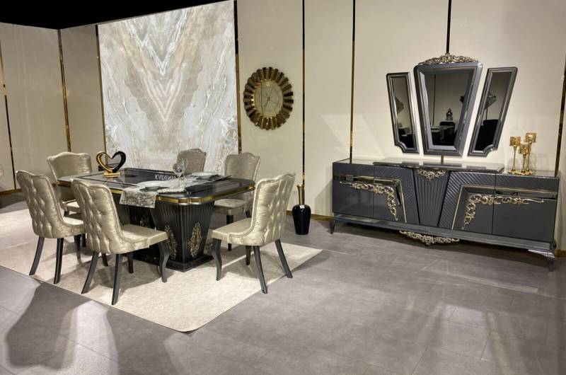 Esszimmer Set 9 tlg. Esstisch + 6x Stühle Anrichte mit Spiegel Grau neu von JV Möbel