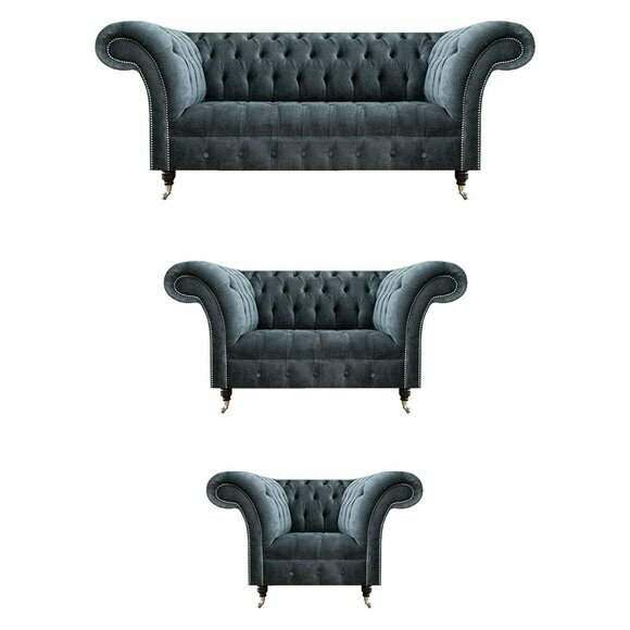Exklusive Graue Chesterfield Sofas Edler 3-Sitzer Zweisitzer Sessel 3tlg von JV Moebel