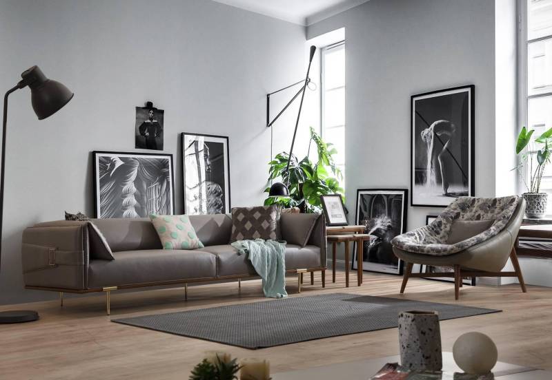 Exklusive Graue Wohnzimmer Sofagarnitur Ledersofa Designer Sessel 2tlg von JV Möbel