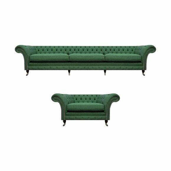 Exklusive Grüne Chesterfield Garnitur Komplettes Set Sessel 3-Sitzer von JV Moebel