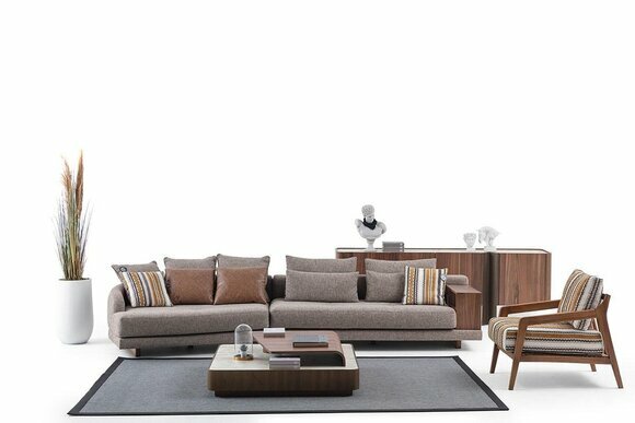Exklusive Wohnzimmer Couchgarnitur Stoffsofa Holz Couchtisch Sideboard von JV Moebel