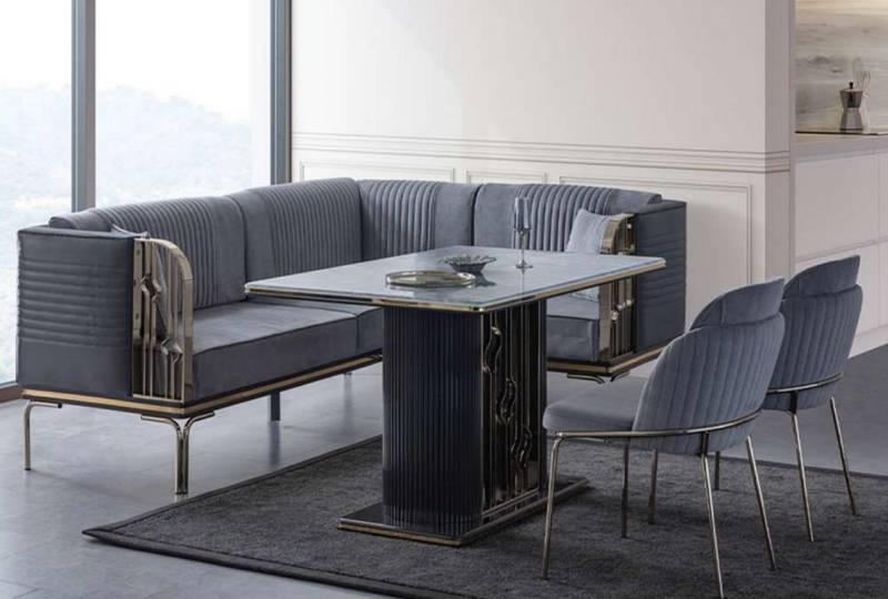 Exklusives Graues Esszimmer Set Luxus Edelstahl Tisch 2x Textil Stühle Exklusives Graues Esszimmer Set Luxus Edelstahl Tisch 2x Textil Stühle von JV Möbel