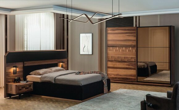 Exquisite Schlafzimmer Garnitur Edles Doppelbett 2x Holz Nachttische von JV Moebel