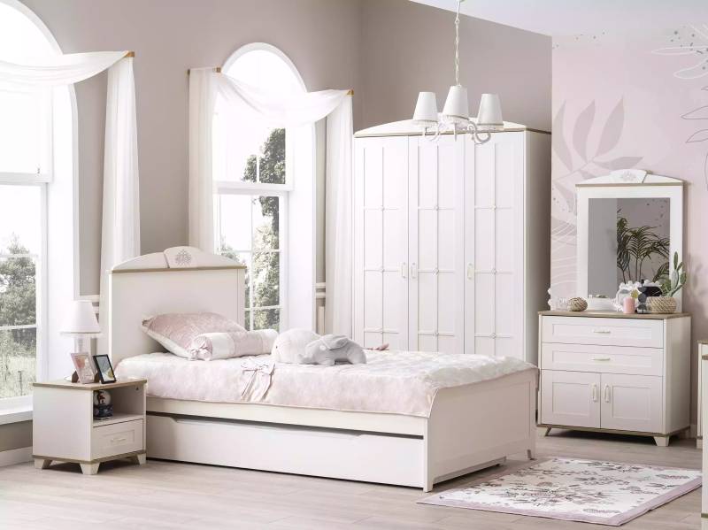 Funktionsbett Ausziehbares Kinderbett Bett Weiß Set 5tlg Holzbett von JV Möbel